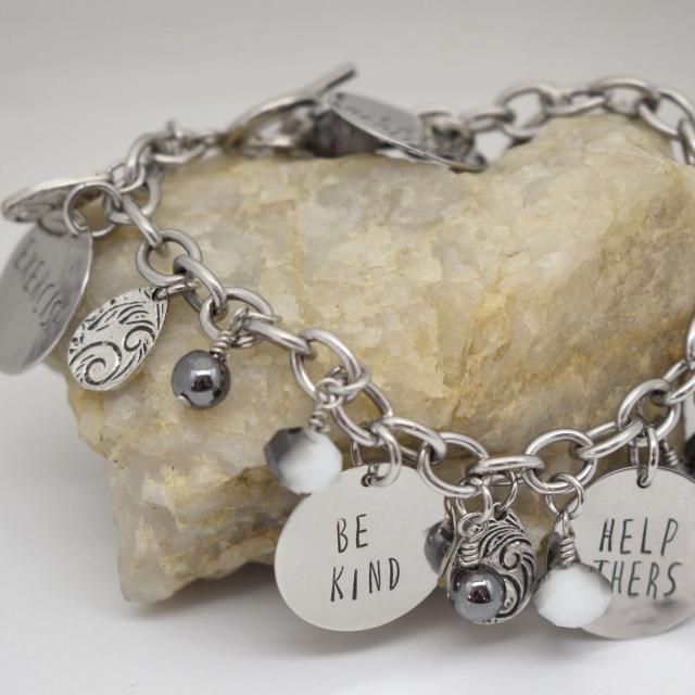 Words to Live by Inspirational Chunky Stainless Steel Charm Bracelet